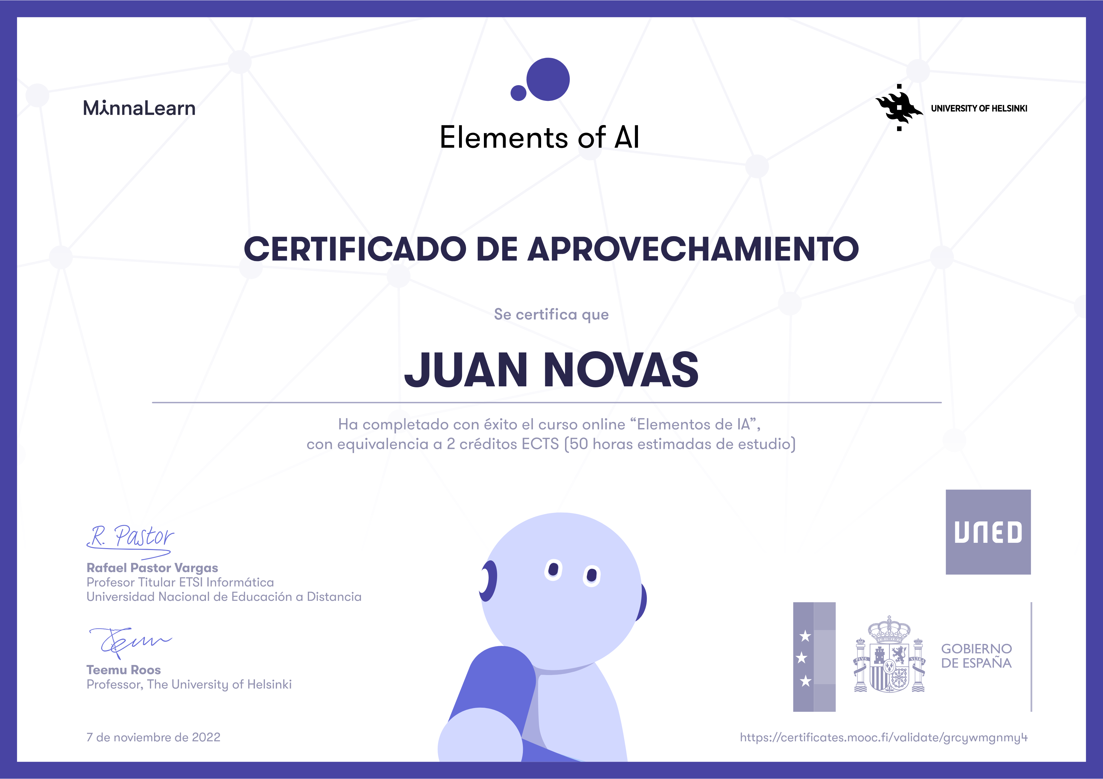 University of Helsinki Elements of AI certificate